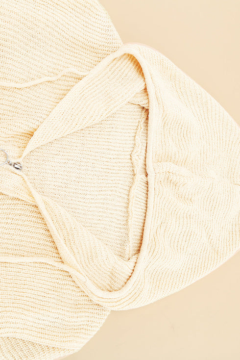 Zipper V-Neck Dropped Sleeve Hooded Solid Sweater
